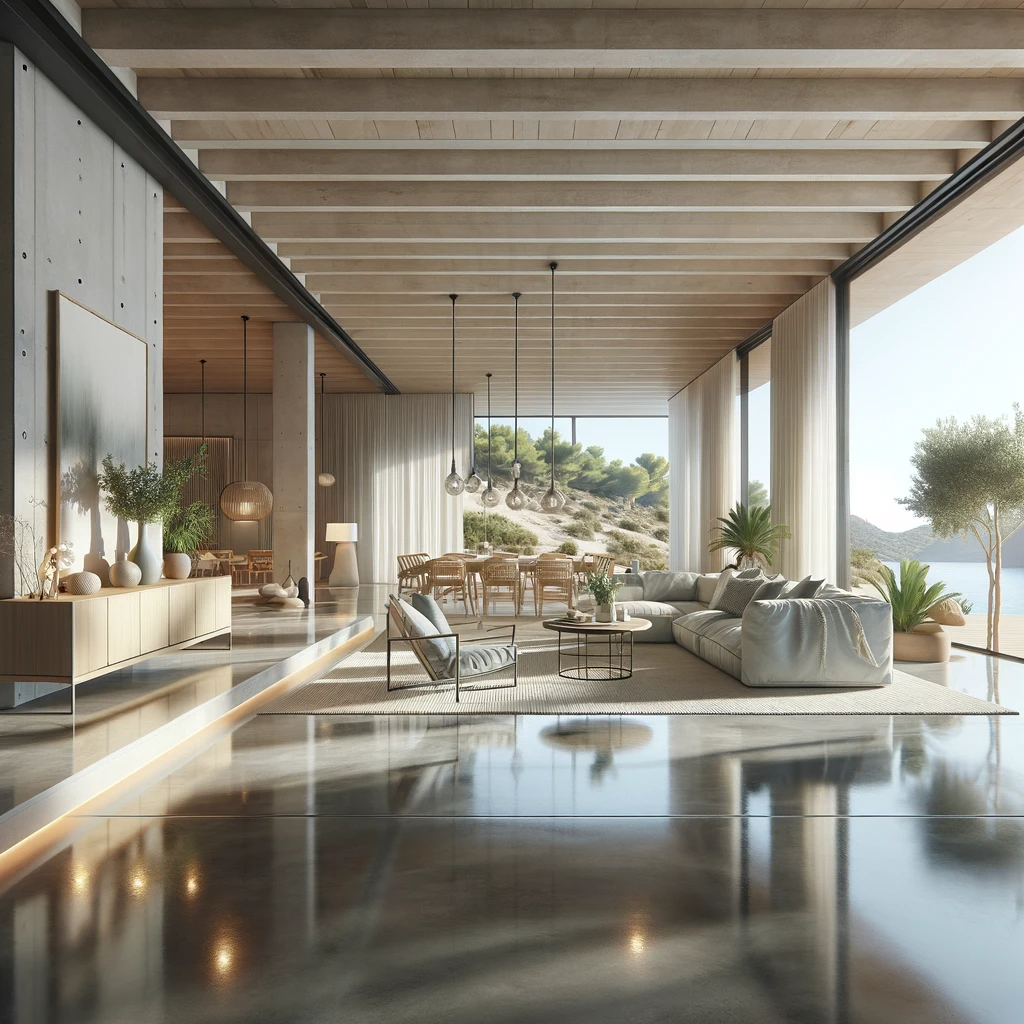 Luxuriöser Wohnraum auf Ibiza mit fugenlosem Microcemento-Boden